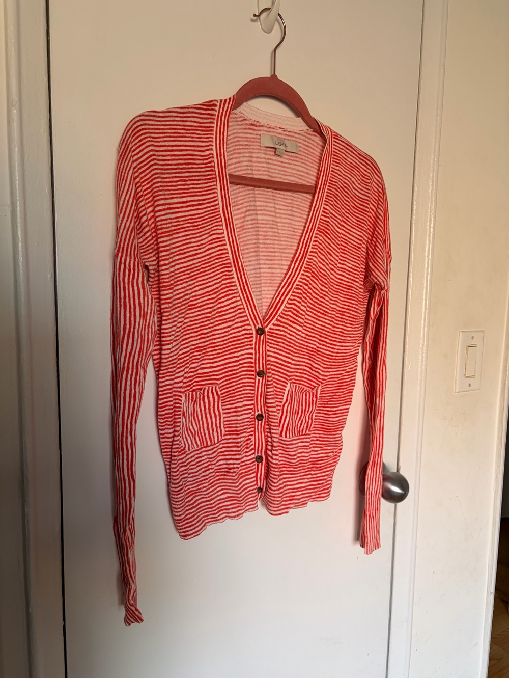 LOFT Red and White Striped Button Front Cardigan